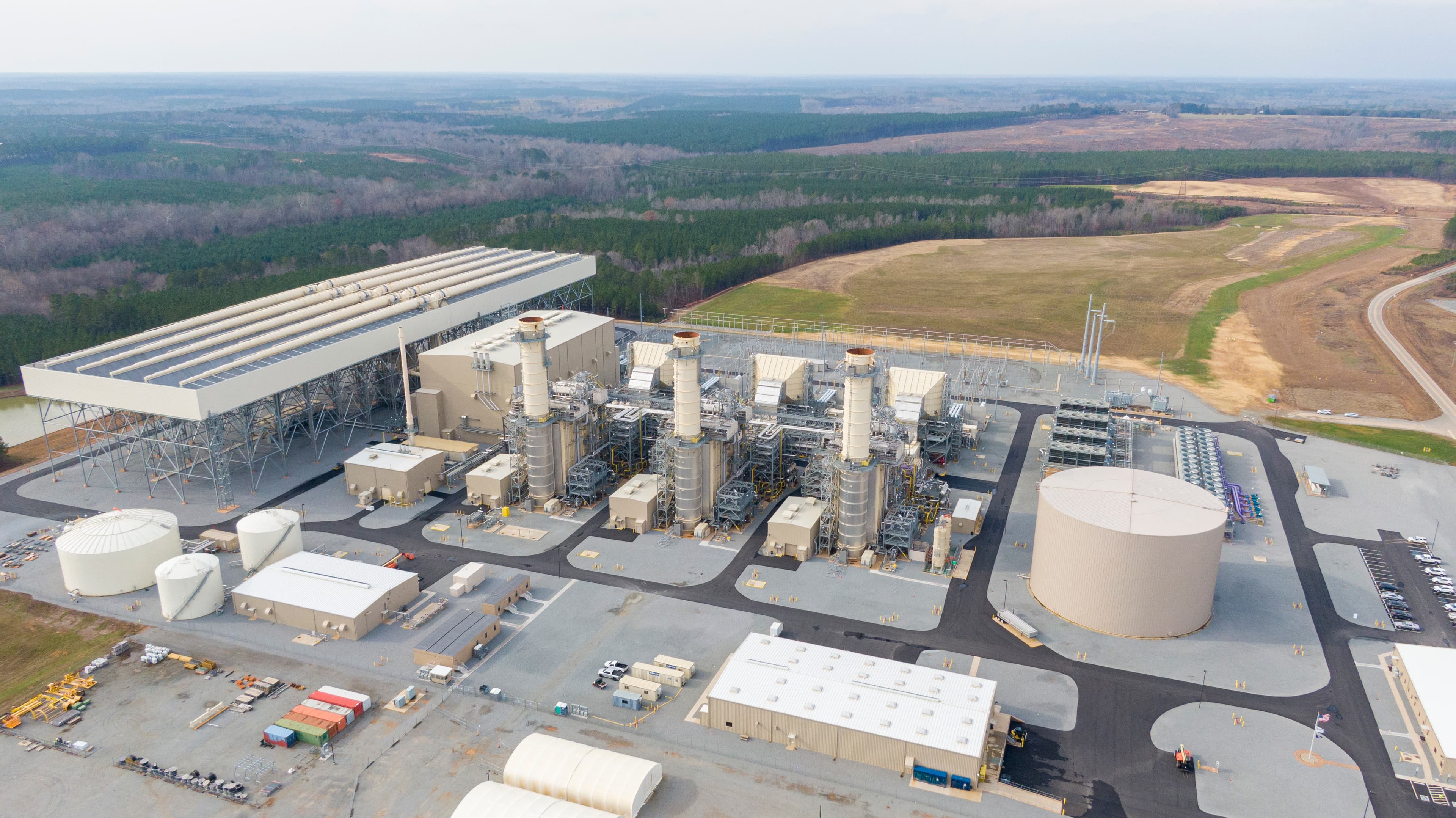 Aerial view of Dominion Virginia Greensville County Power Station and surrounding countryside
